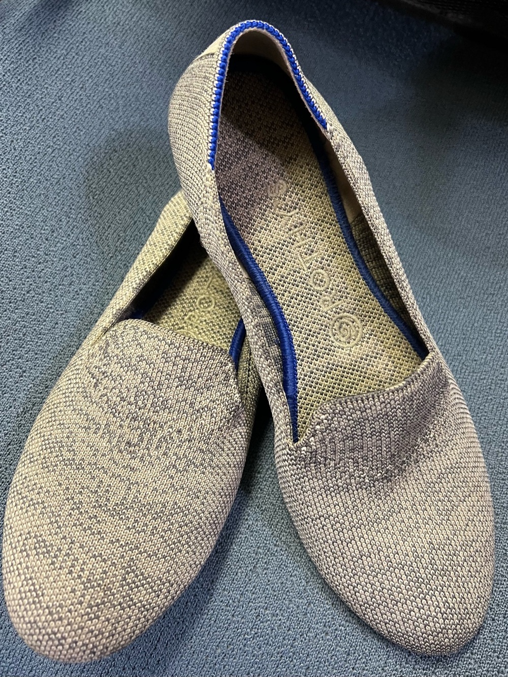Rothy's Knit Slip-On Flats in Taupe with Navy Trim